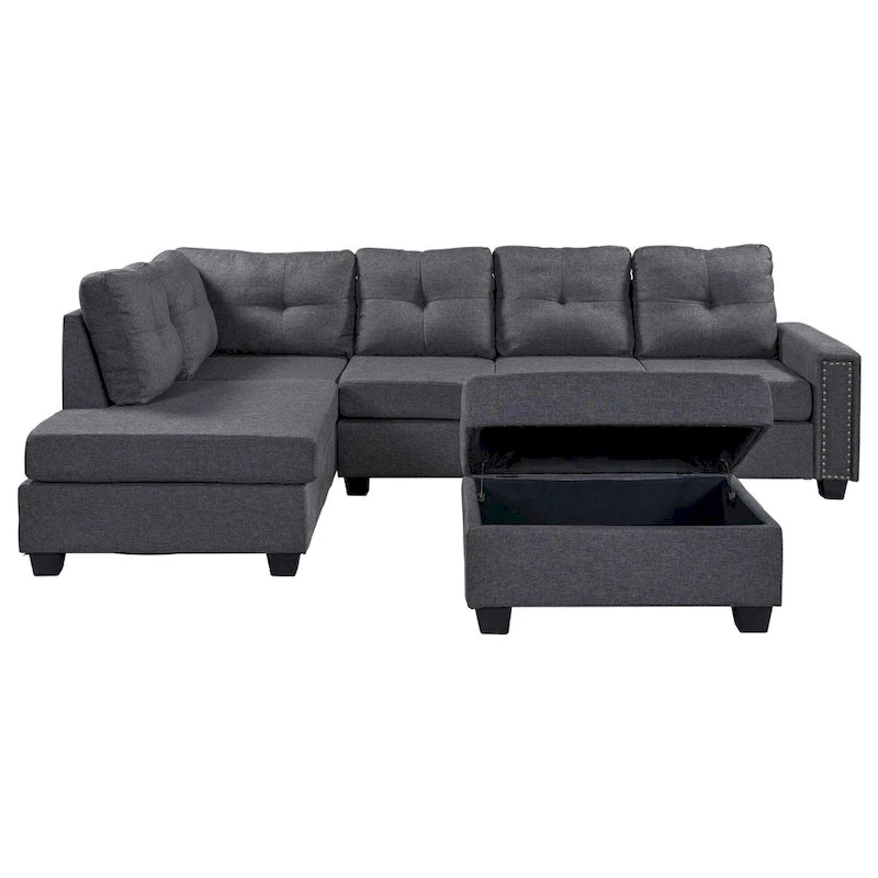 105.2 Canapé d'angle réversible 6 places avec pouf de rangement et porte-gobelets, design compact en lin