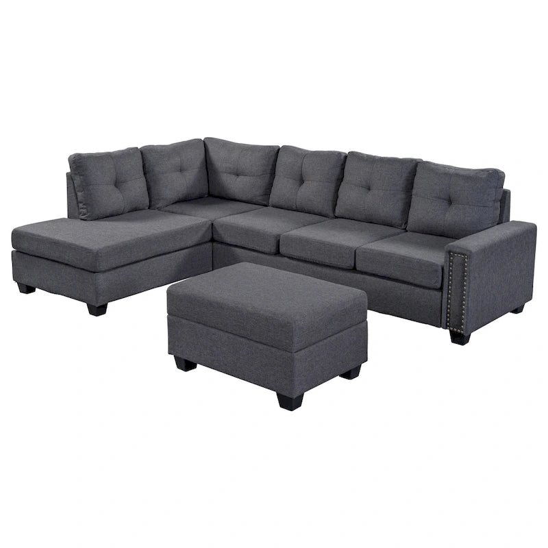 105.2 Canapé d'angle réversible 6 places avec pouf de rangement et porte-gobelets, design compact en lin
