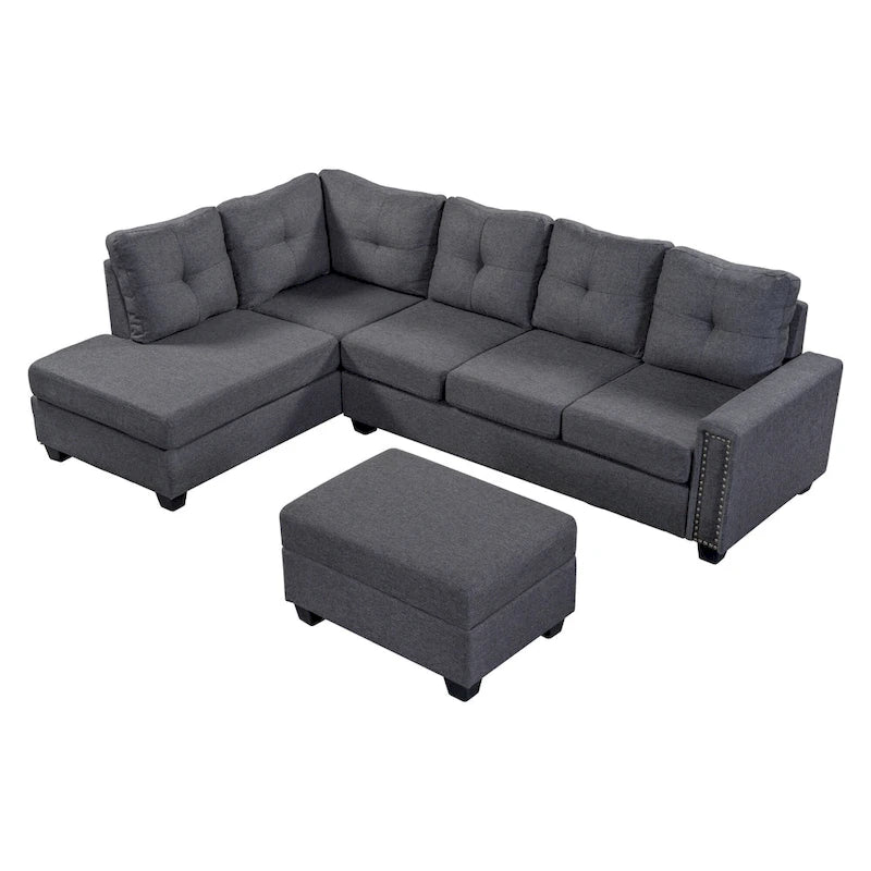 105.2 Canapé d'angle réversible 6 places avec pouf de rangement et porte-gobelets, design compact en lin