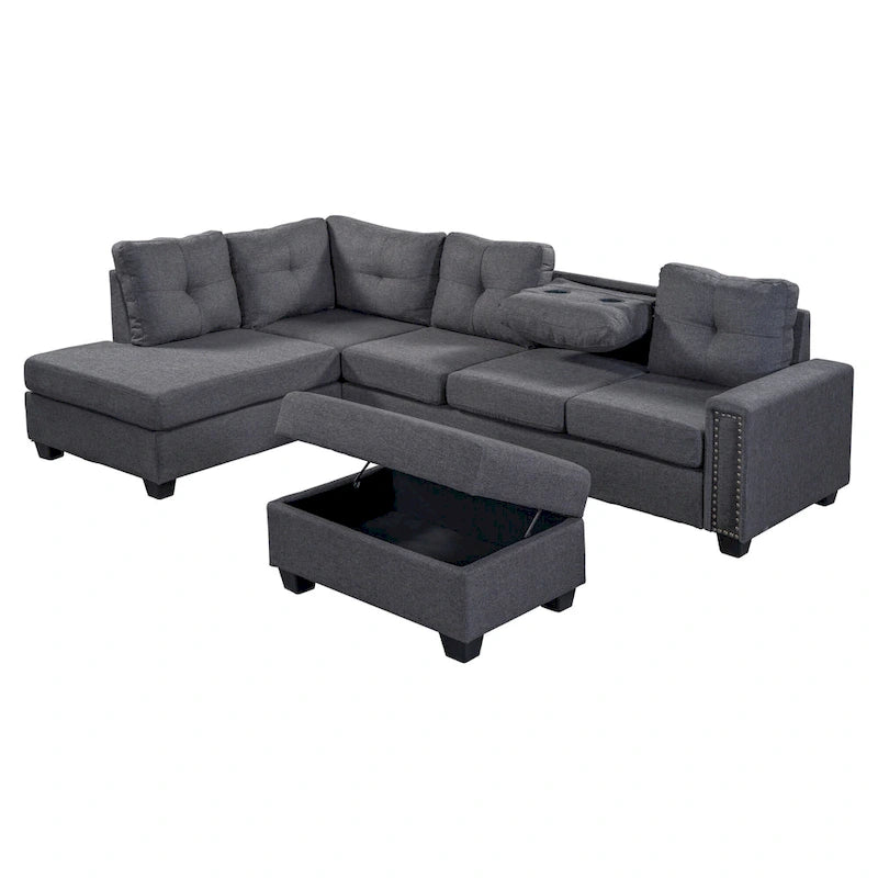 105.2 Canapé d'angle réversible 6 places avec pouf de rangement et porte-gobelets, design compact en lin