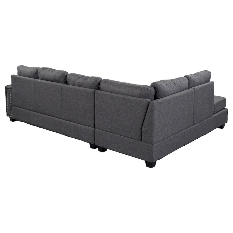 105.2 Canapé d'angle réversible 6 places avec pouf de rangement et porte-gobelets, design compact en lin