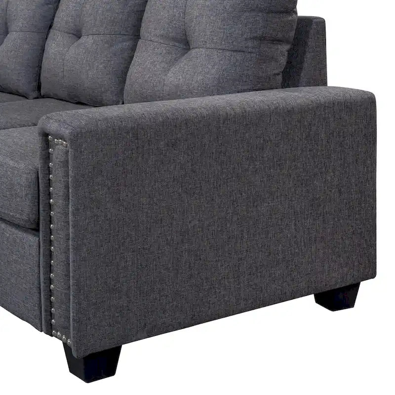 105.2 Canapé d'angle réversible 6 places avec pouf de rangement et porte-gobelets, design compact en lin