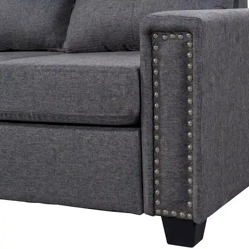 105.2 Canapé d'angle réversible 6 places avec pouf de rangement et porte-gobelets, design compact en lin