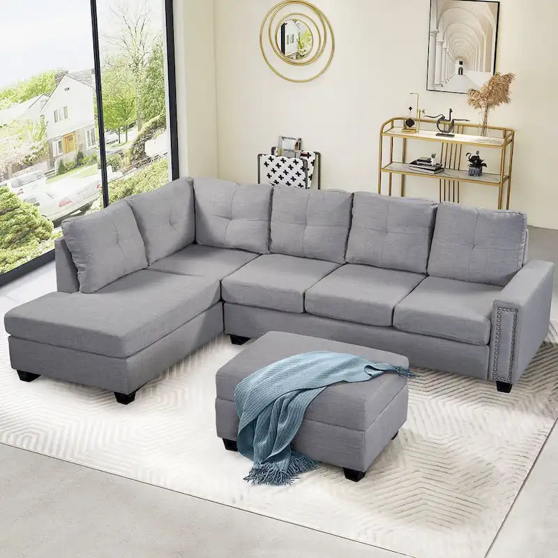 105.2 Canapé d'angle réversible 6 places avec pouf de rangement et porte-gobelets, design compact en lin