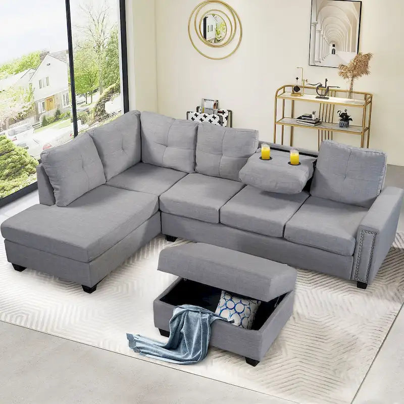 105.2 Canapé d'angle réversible 6 places avec pouf de rangement et porte-gobelets, design compact en lin