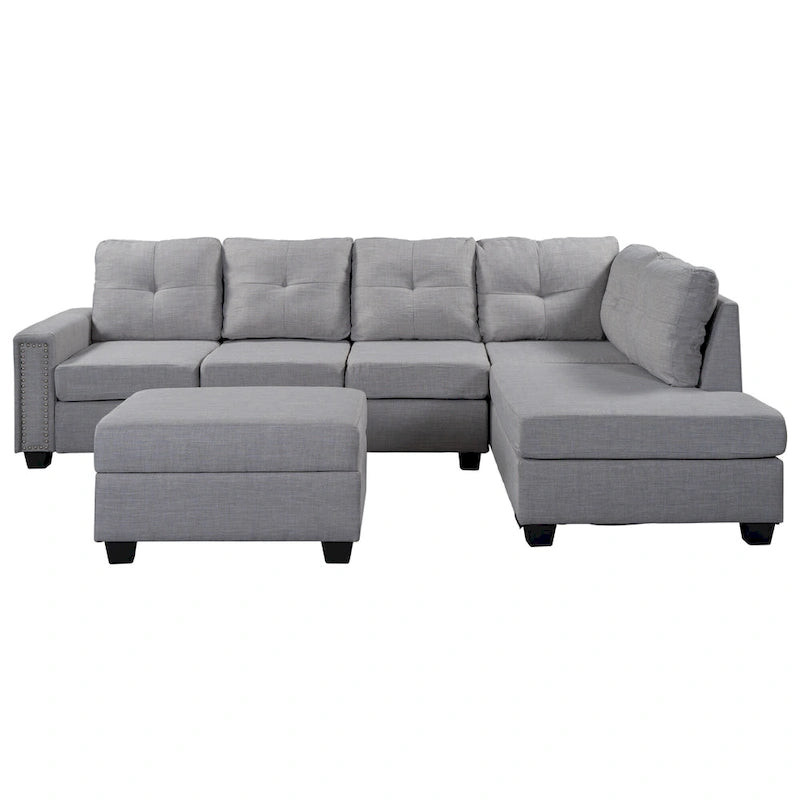 105.2 Canapé d'angle réversible 6 places avec pouf de rangement et porte-gobelets, design compact en lin