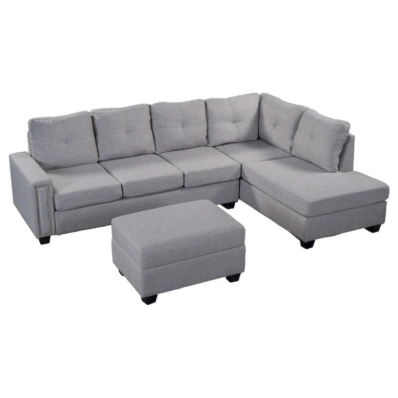 105.2 Canapé d'angle réversible 6 places avec pouf de rangement et porte-gobelets, design compact en lin