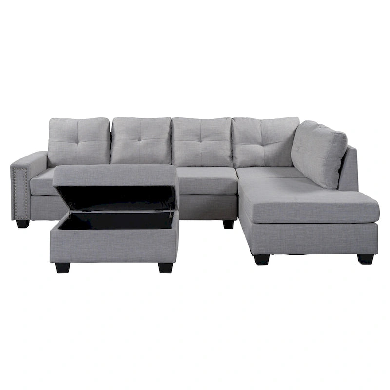 105.2 Canapé d'angle réversible 6 places avec pouf de rangement et porte-gobelets, design compact en lin
