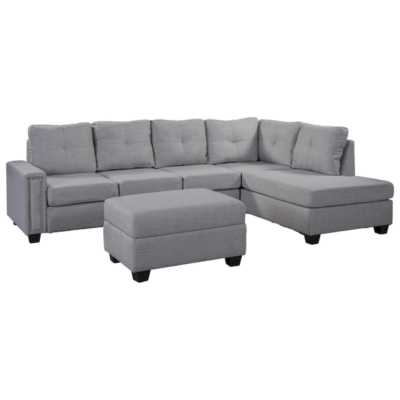 105.2 Canapé d'angle réversible 6 places avec pouf de rangement et porte-gobelets, design compact en lin