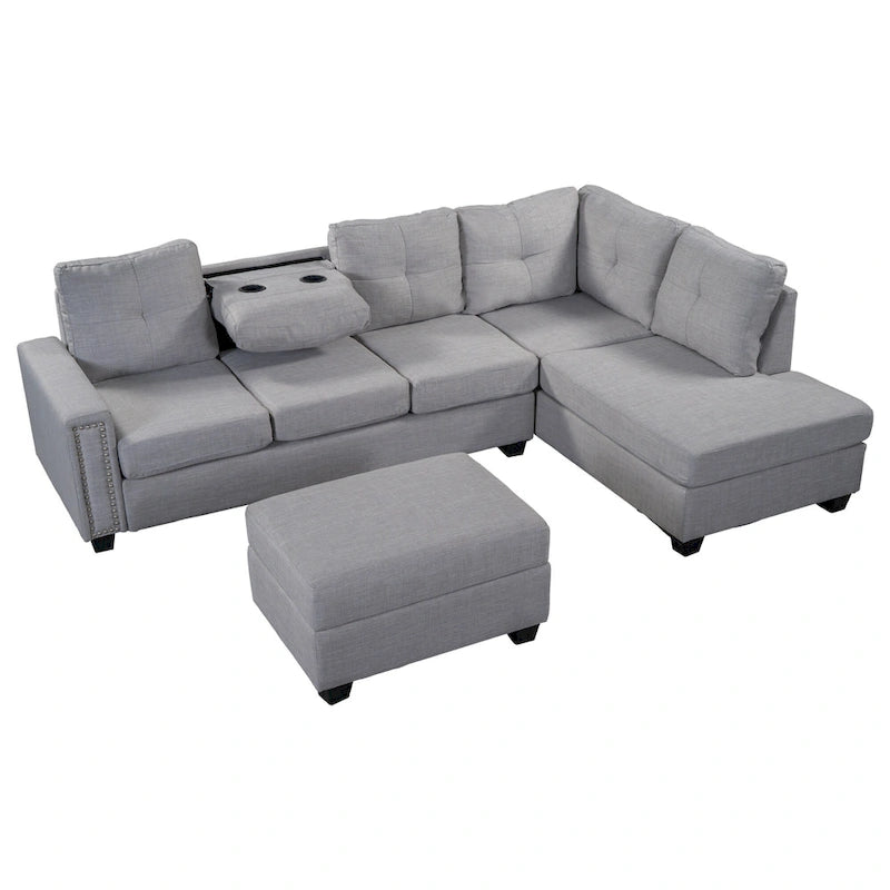 105.2 Canapé d'angle réversible 6 places avec pouf de rangement et porte-gobelets, design compact en lin
