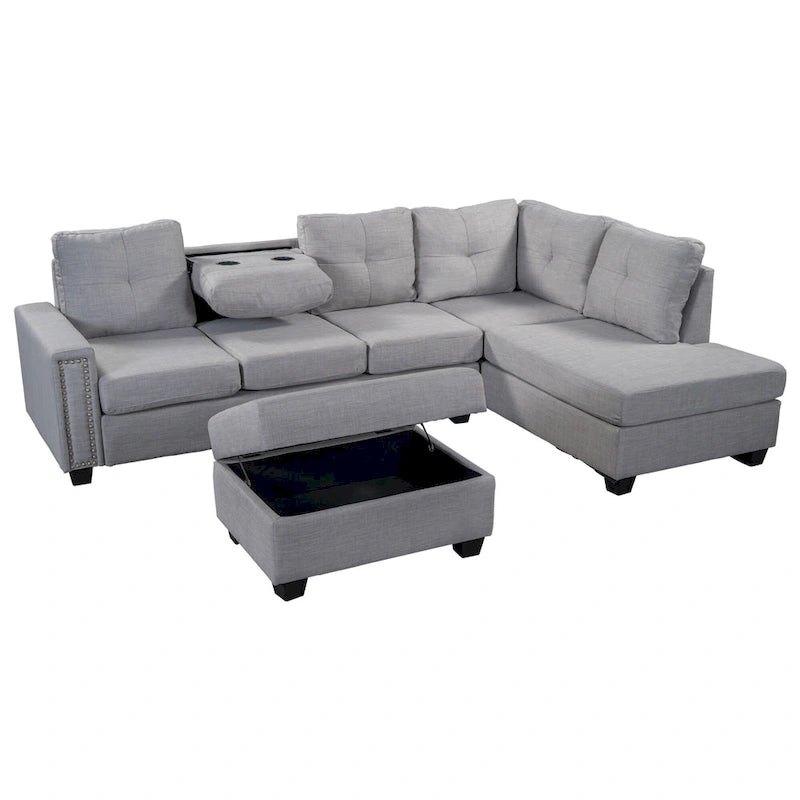 105.2 Canapé d'angle réversible 6 places avec pouf de rangement et porte-gobelets, design compact en lin