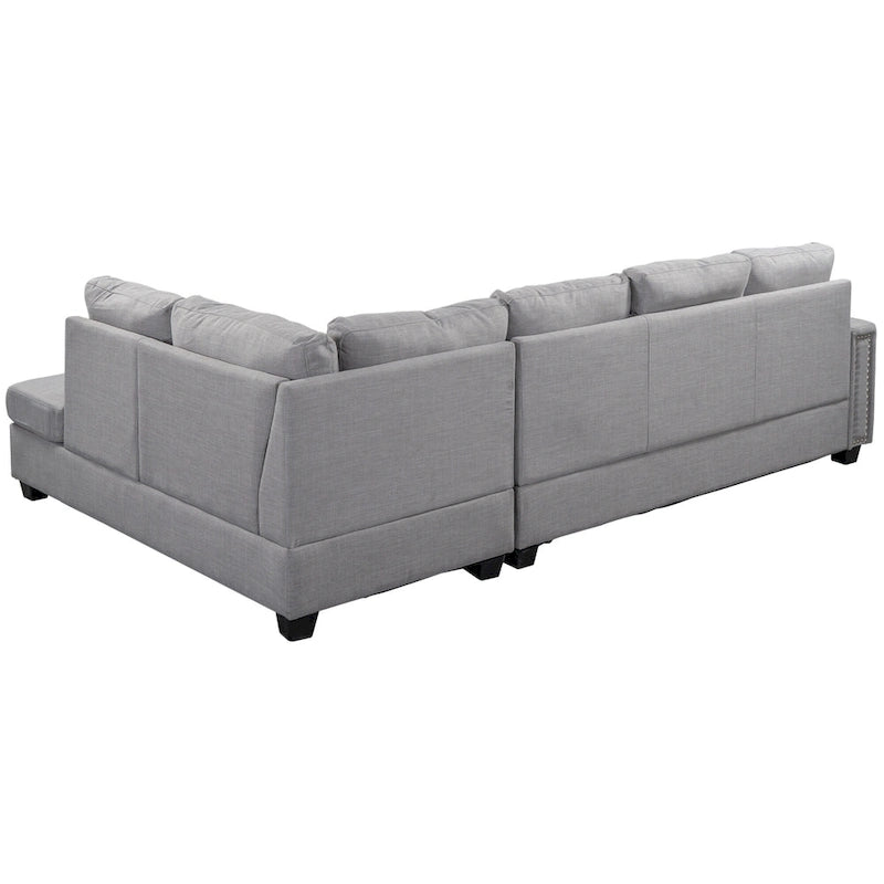 105.2 Canapé d'angle réversible 6 places avec pouf de rangement et porte-gobelets, design compact en lin