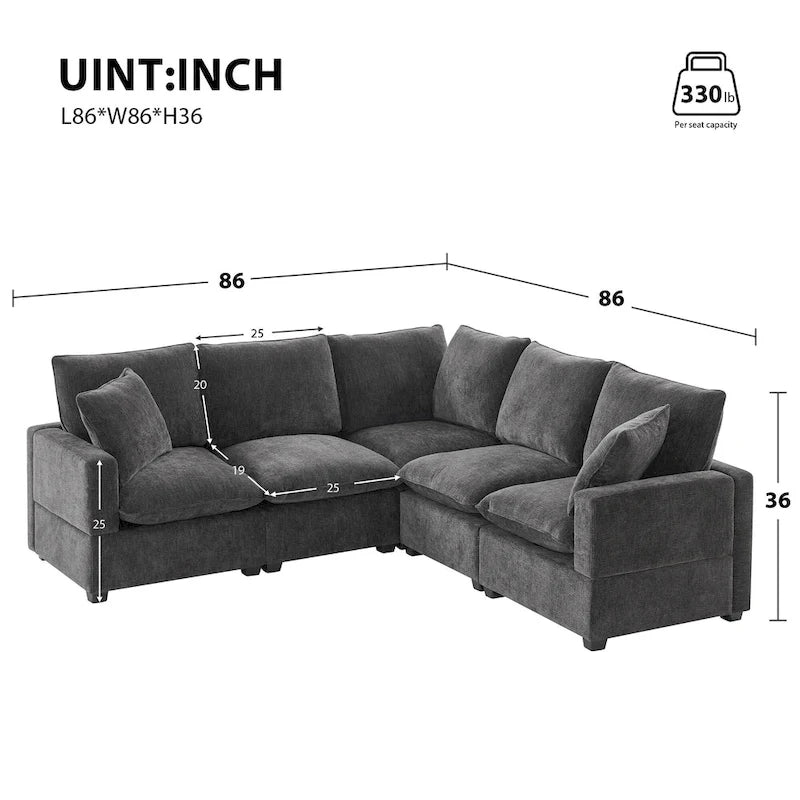 Black 84 Ensemble de canapé d'angle modulaire chenille à 5 places avec 2 oreillers, idéal pour le salon ou un appartement