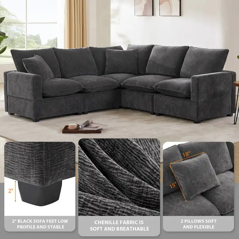 Black 84 Ensemble de canapé d'angle modulaire chenille à 5 places avec 2 oreillers, idéal pour le salon ou un appartement