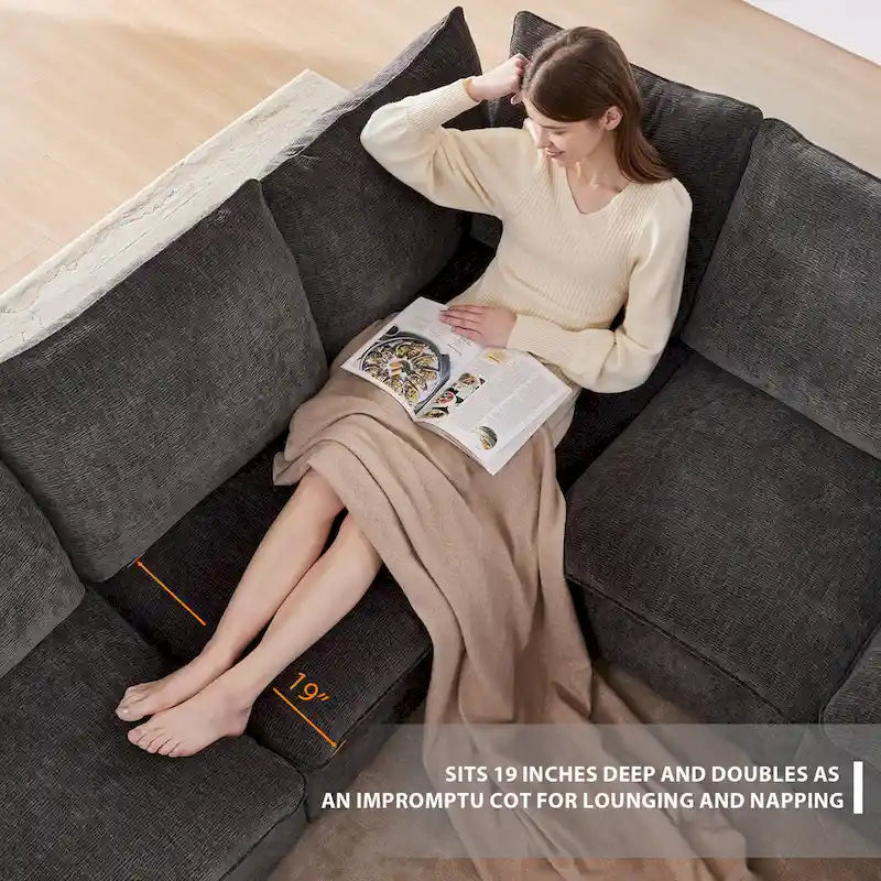Black 84 Ensemble de canapé d'angle modulaire chenille à 5 places avec 2 oreillers, idéal pour le salon ou un appartement