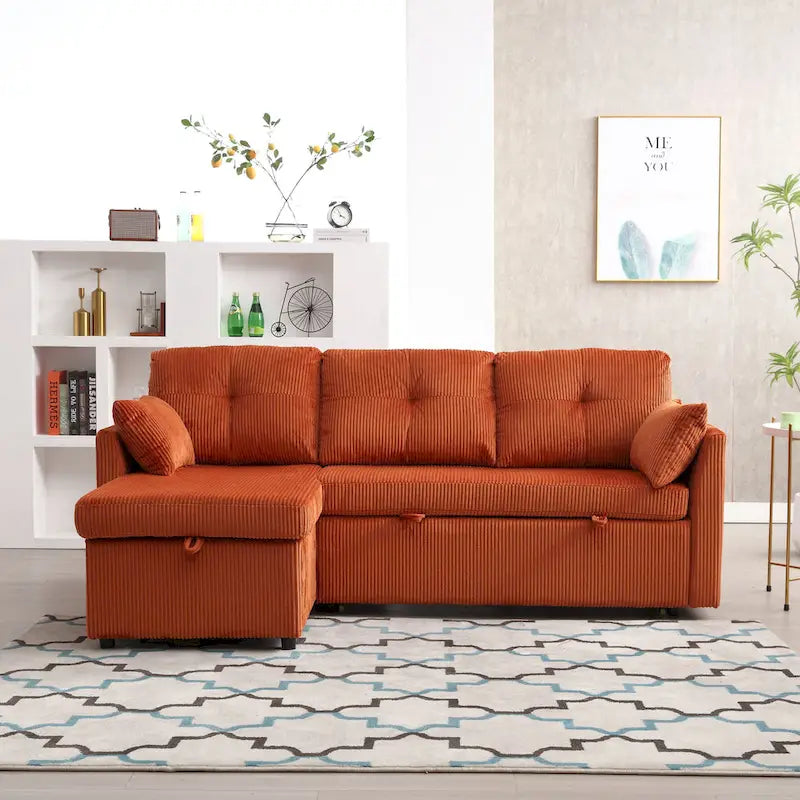 Canapé d'angle en tissu orange 81.1 : méridienne réversible, rangement, cadre en bois massif et assise en mousse