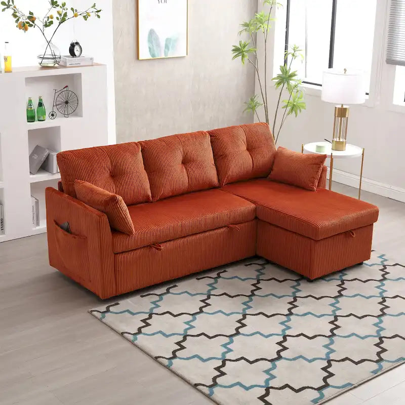 Canapé d'angle en tissu orange 81.1 : méridienne réversible, rangement, cadre en bois massif et assise en mousse