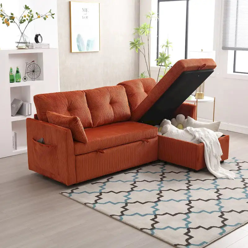 Canapé d'angle en tissu orange 81.1 : méridienne réversible, rangement, cadre en bois massif et assise en mousse