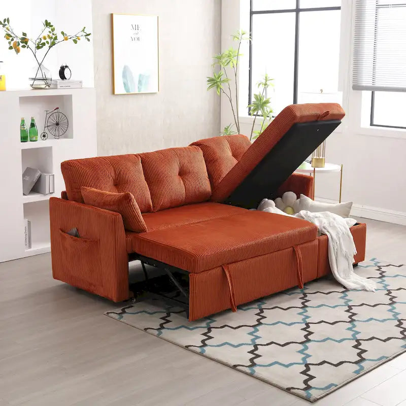 Canapé d'angle en tissu orange 81.1 : méridienne réversible, rangement, cadre en bois massif et assise en mousse