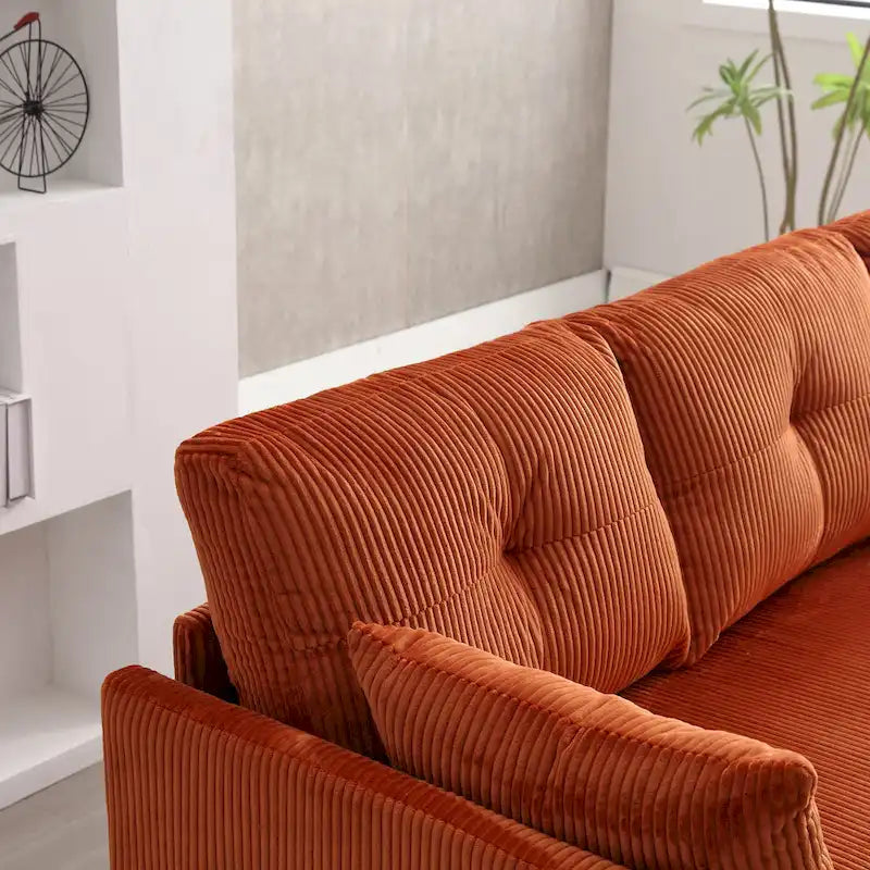 Canapé d'angle en tissu orange 81.1 : méridienne réversible, rangement, cadre en bois massif et assise en mousse