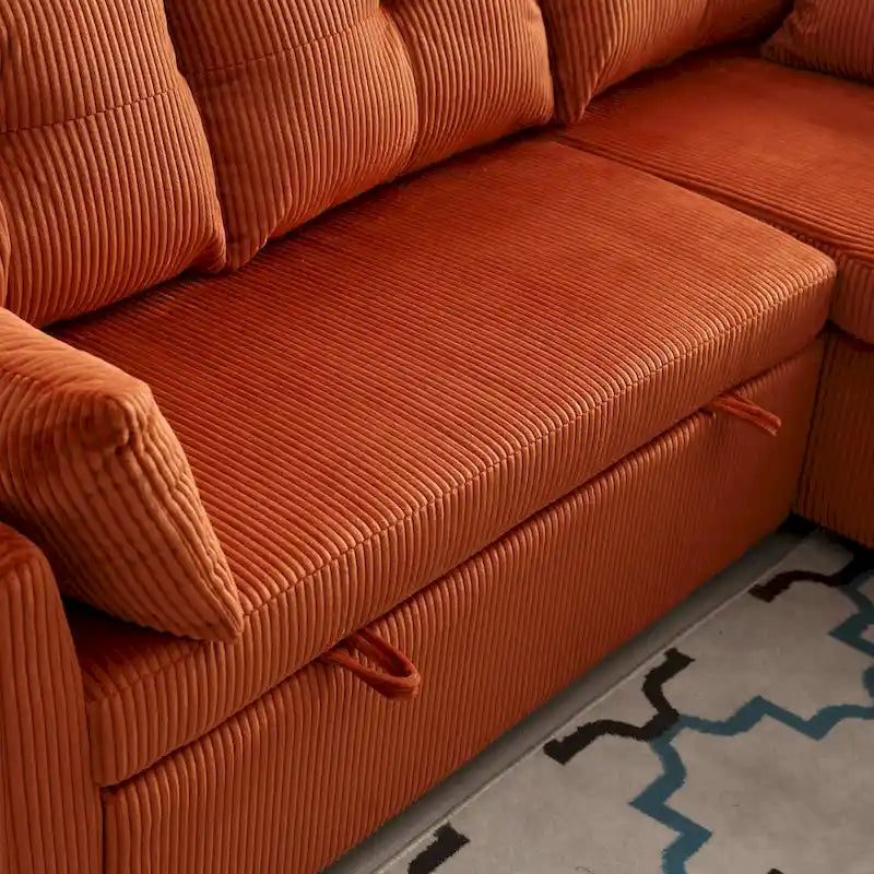 Canapé d'angle en tissu orange 81.1 : méridienne réversible, rangement, cadre en bois massif et assise en mousse