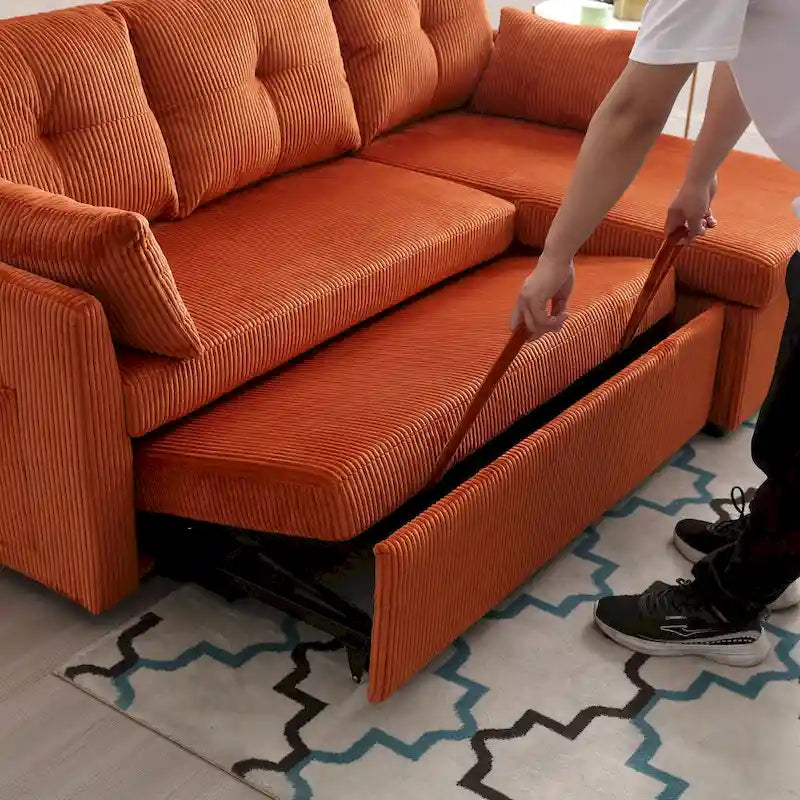 Canapé d'angle en tissu orange 81.1 : méridienne réversible, rangement, cadre en bois massif et assise en mousse
