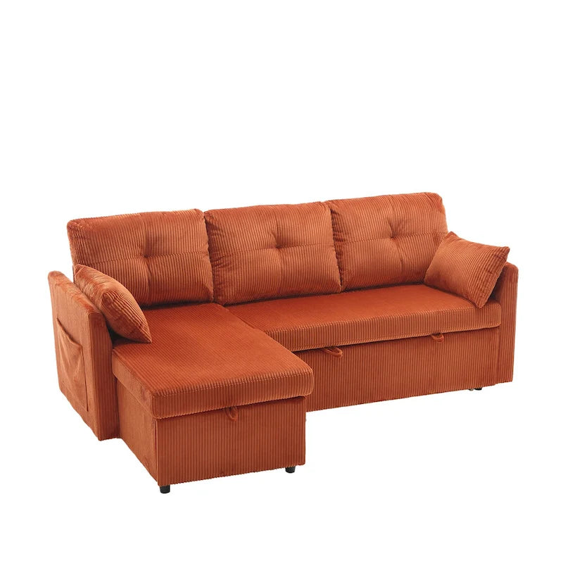 Canapé d'angle en tissu orange 81.1 : méridienne réversible, rangement, cadre en bois massif et assise en mousse