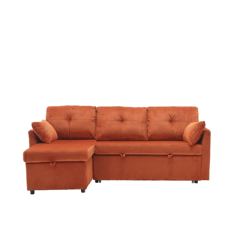 Canapé d'angle en tissu orange 81.1 : méridienne réversible, rangement, cadre en bois massif et assise en mousse