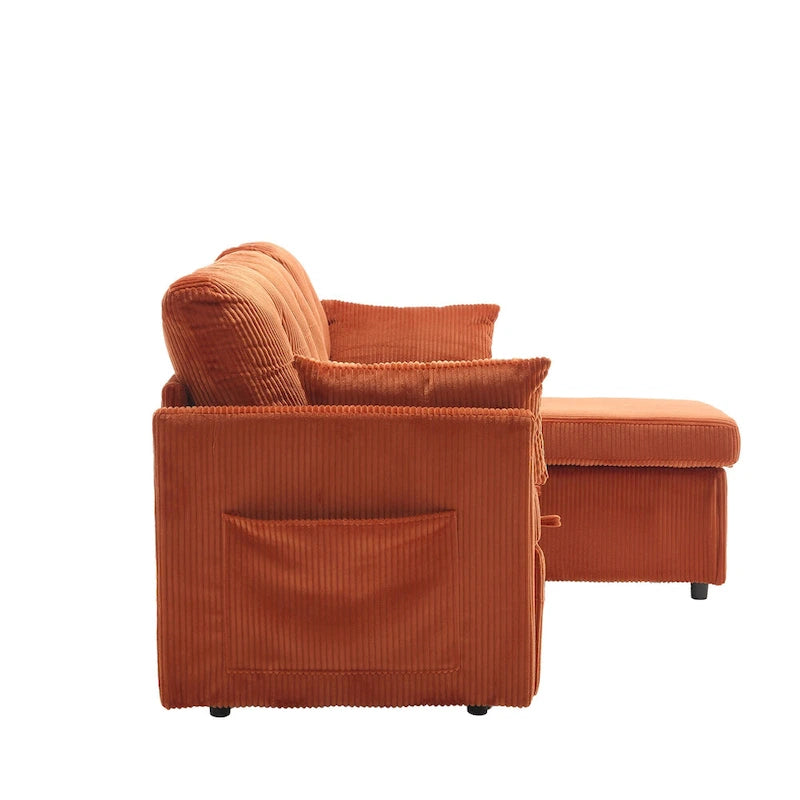 Canapé d'angle en tissu orange 81.1 : méridienne réversible, rangement, cadre en bois massif et assise en mousse