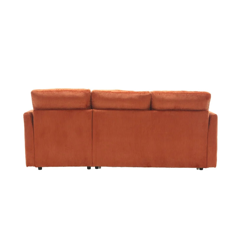 Canapé d'angle en tissu orange 81.1 : méridienne réversible, rangement, cadre en bois massif et assise en mousse