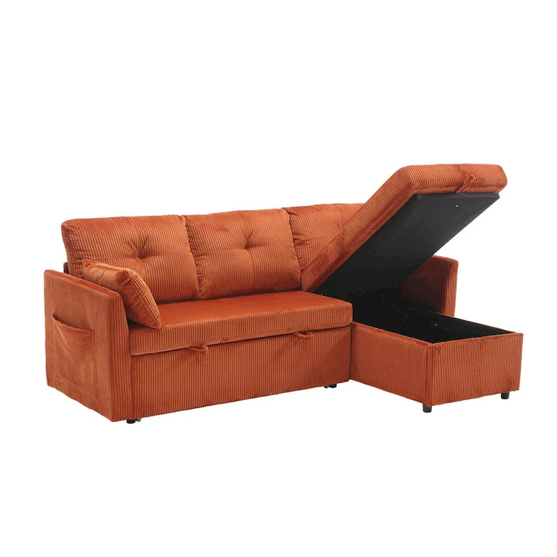 Canapé d'angle en tissu orange 81.1 : méridienne réversible, rangement, cadre en bois massif et assise en mousse