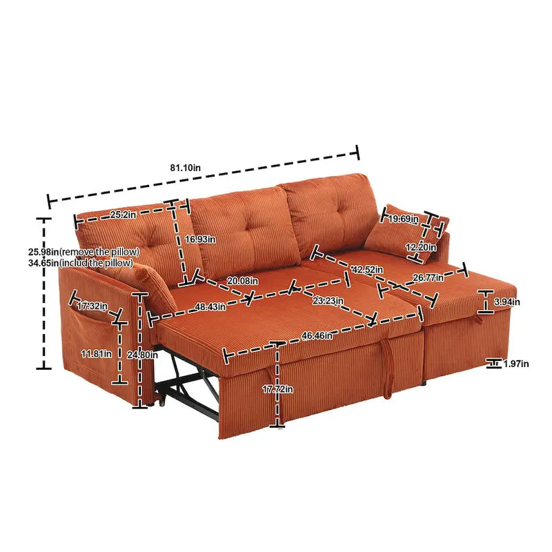Canapé d'angle en tissu orange 81.1 : méridienne réversible, rangement, cadre en bois massif et assise en mousse