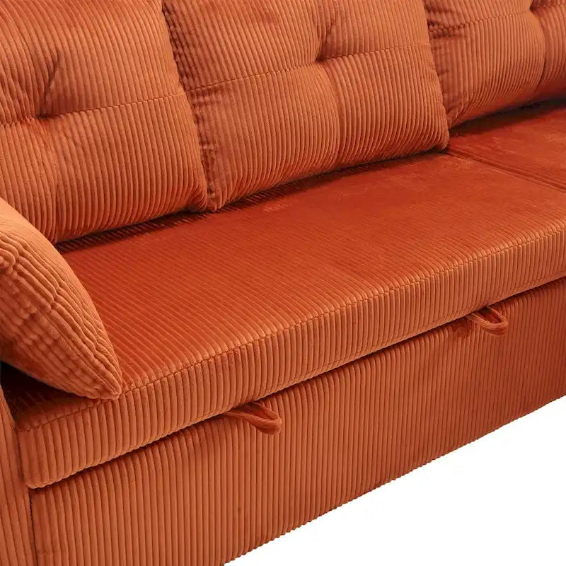 Canapé d'angle en tissu orange 81.1 : méridienne réversible, rangement, cadre en bois massif et assise en mousse