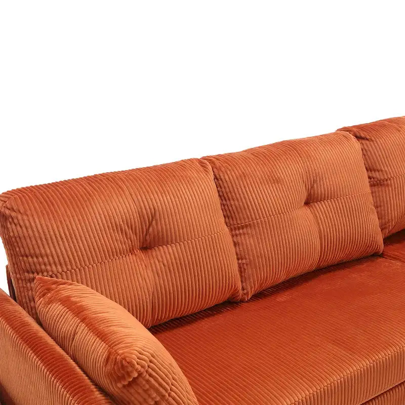 Canapé d'angle en tissu orange 81.1 : méridienne réversible, rangement, cadre en bois massif et assise en mousse