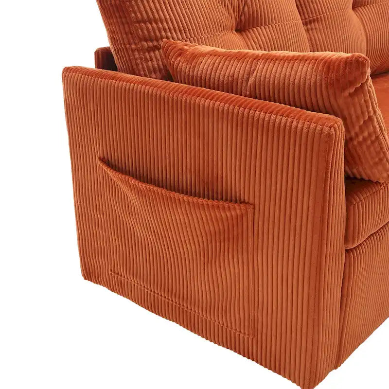 Canapé d'angle en tissu orange 81.1 : méridienne réversible, rangement, cadre en bois massif et assise en mousse
