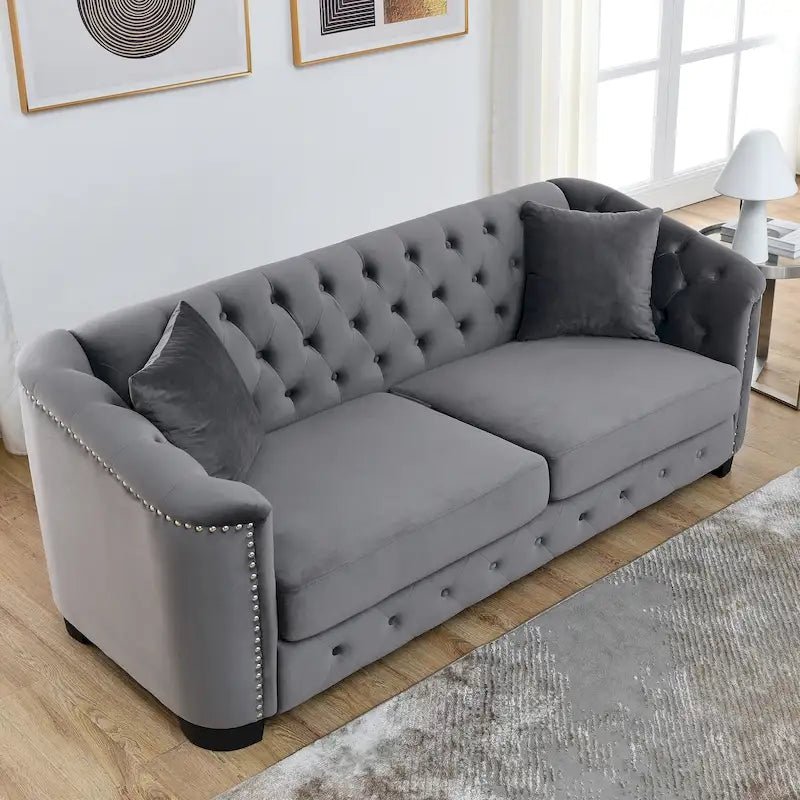 Canapé 3 places en velours moderne gris 77 avec dossiers capitonnés et clous décoratifs