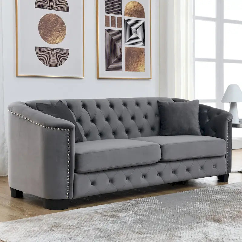 Canapé 3 places en velours moderne gris 77 avec dossiers capitonnés et clous décoratifs