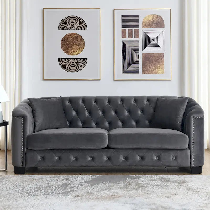 Canapé 3 places en velours moderne gris 77 avec dossiers capitonnés et clous décoratifs