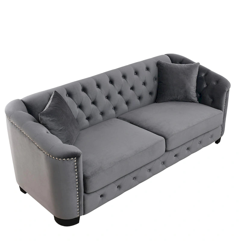 Canapé 3 places en velours moderne gris 77 avec dossiers capitonnés et clous décoratifs