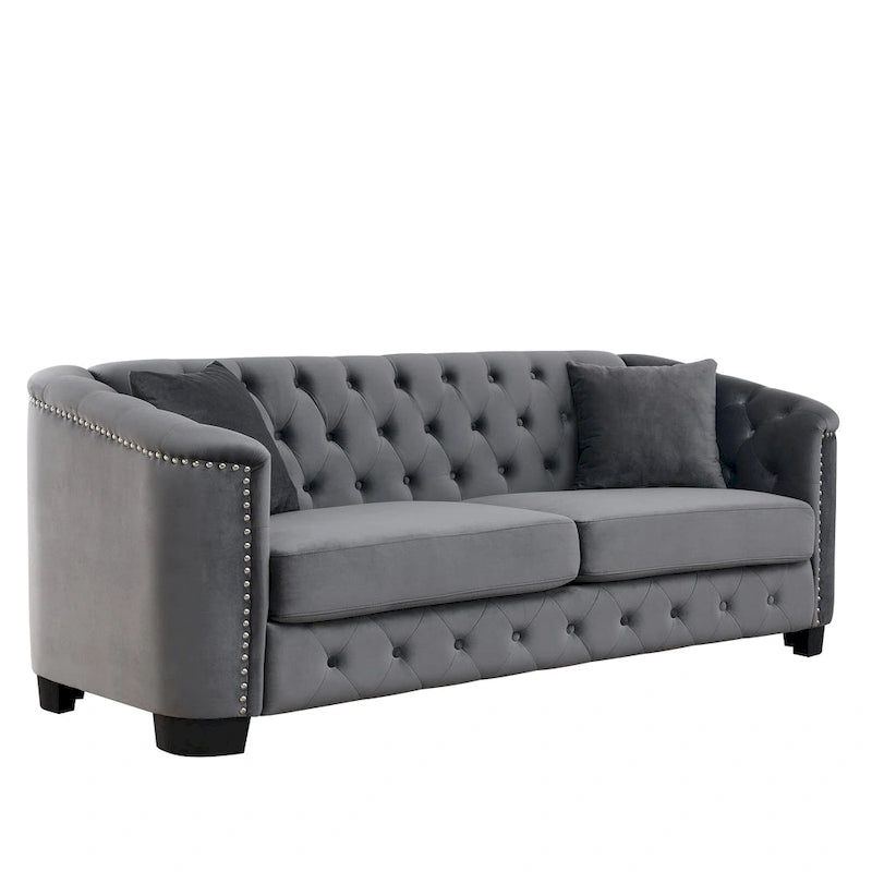 Canapé 3 places en velours moderne gris 77 avec dossiers capitonnés et clous décoratifs