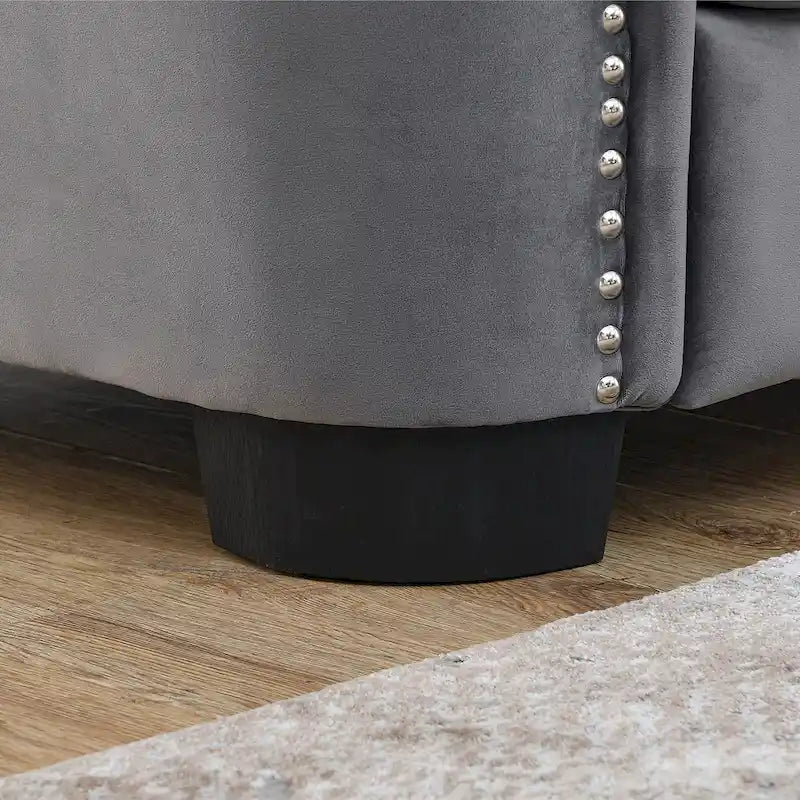Canapé 3 places en velours moderne gris 77 avec dossiers capitonnés et clous décoratifs