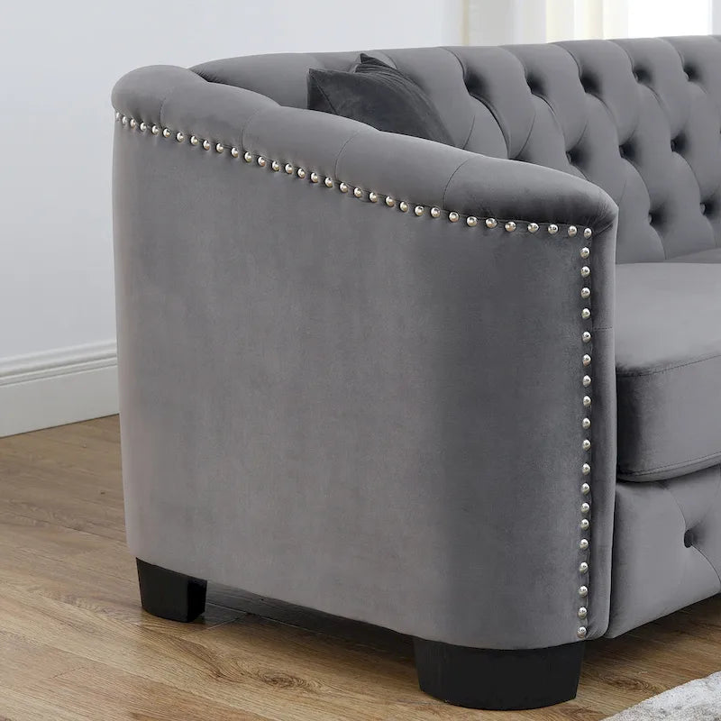 Canapé 3 places en velours moderne gris 77 avec dossiers capitonnés et clous décoratifs
