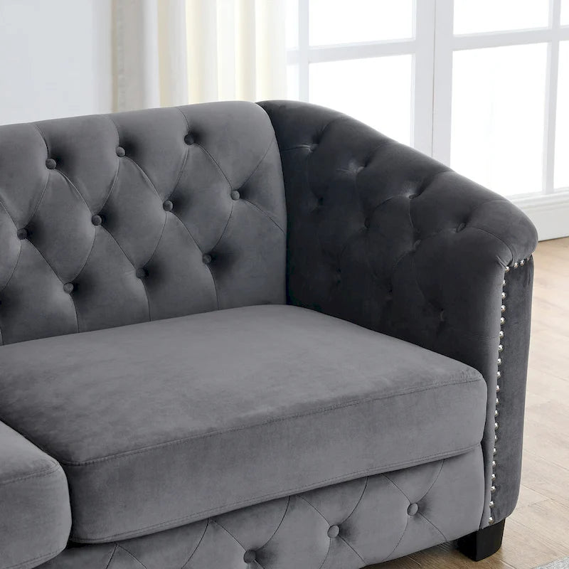 Canapé 3 places en velours moderne gris 77 avec dossiers capitonnés et clous décoratifs
