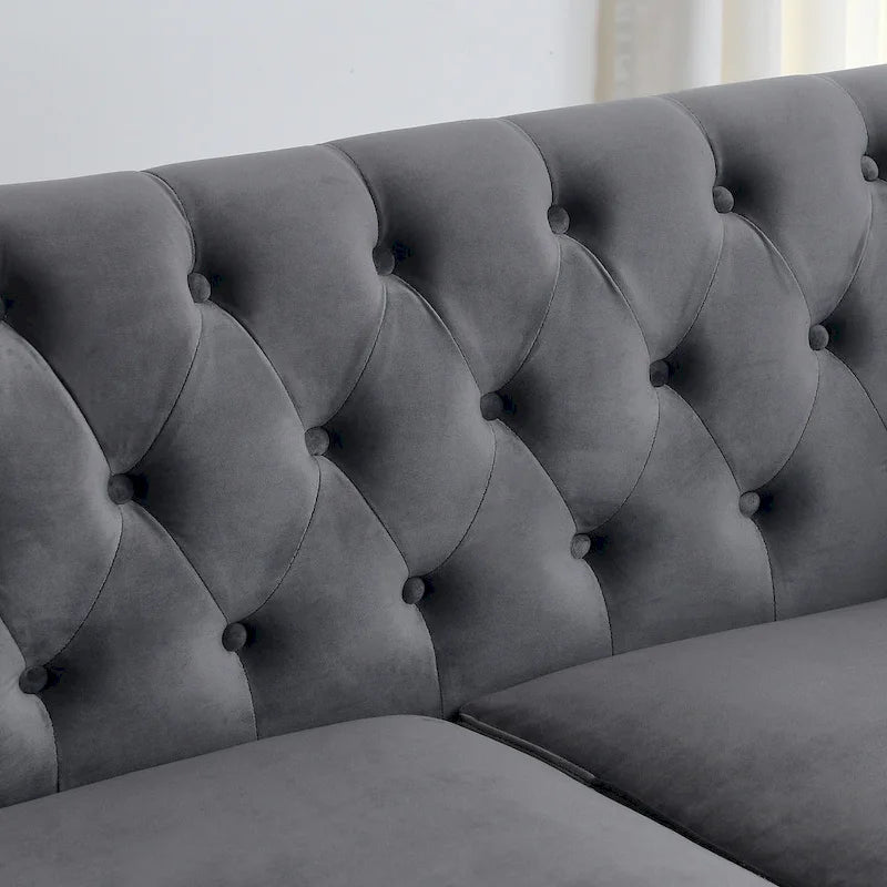 Canapé 3 places en velours moderne gris 77 avec dossiers capitonnés et clous décoratifs