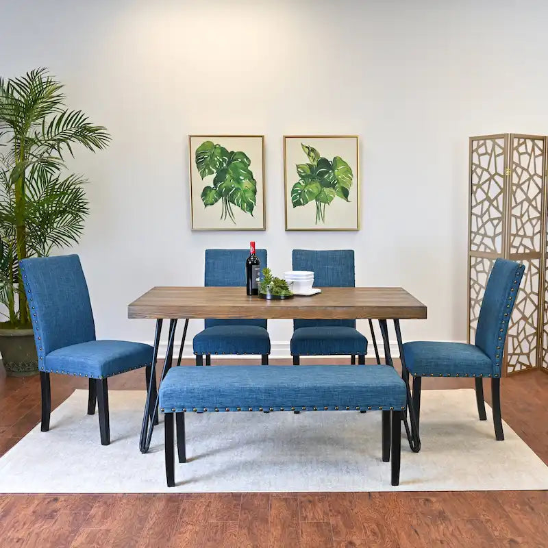 Ensemble de salle à manger industriel 6 pièces avec table rectangulaire, 4 chaises rembourrées en lin et un banc