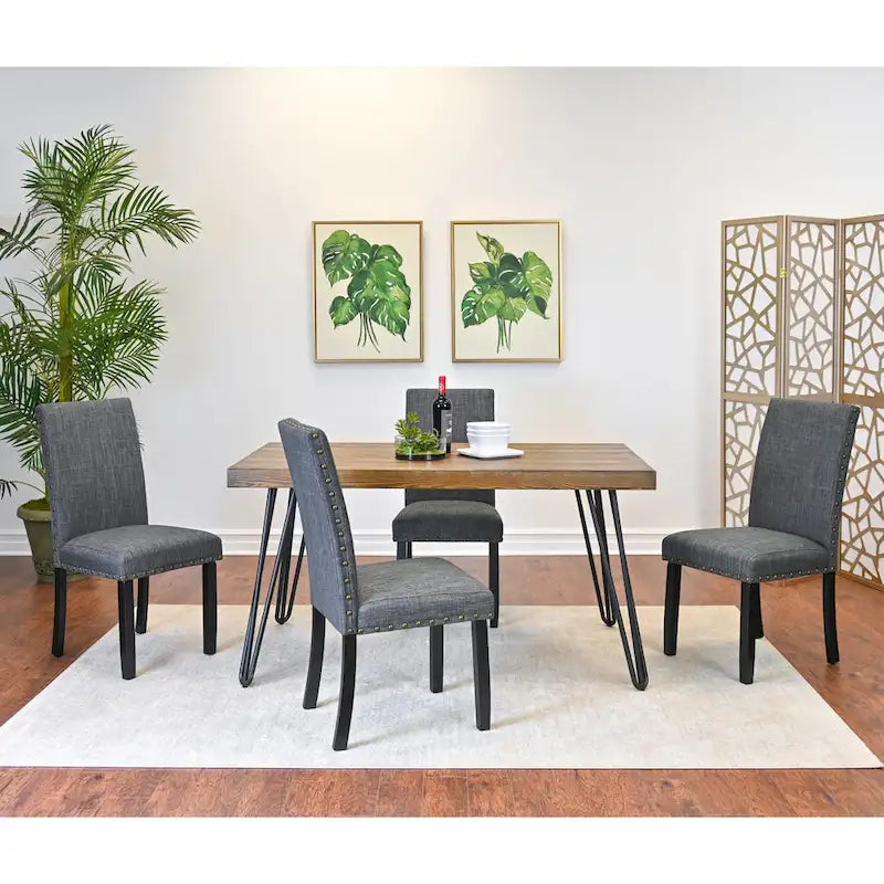 Ensemble de salle à manger industriel 6 pièces avec table rectangulaire, 4 chaises rembourrées en lin et un banc