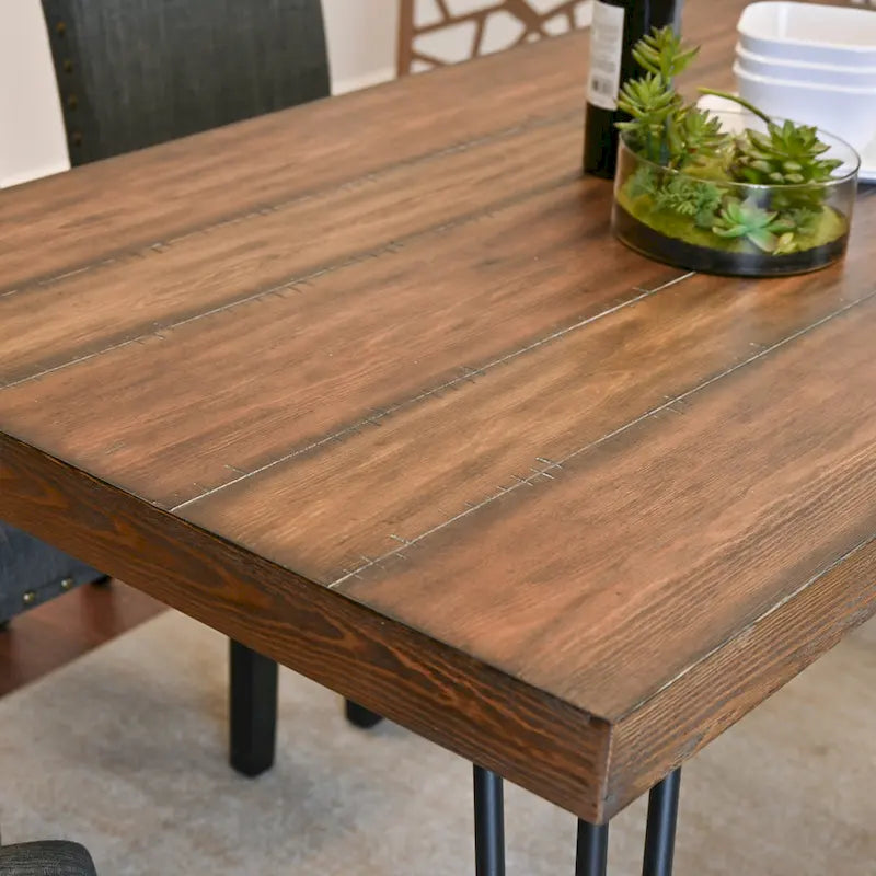 Ensemble de salle à manger industriel 6 pièces avec table rectangulaire, 4 chaises rembourrées en lin et un banc