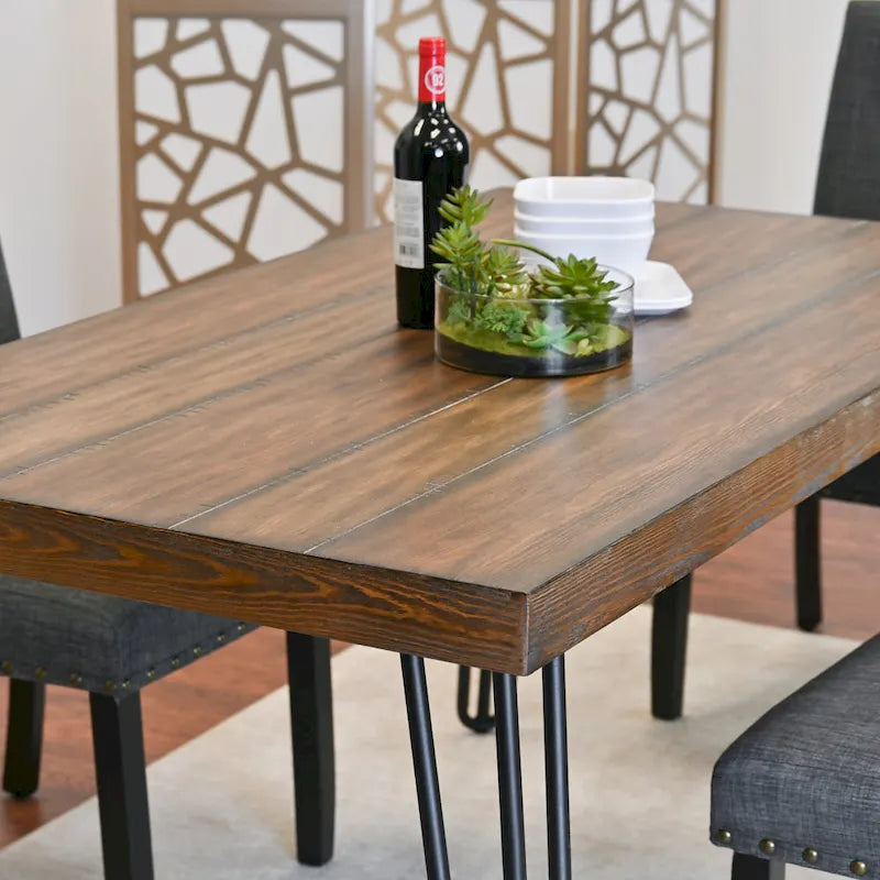 Ensemble de salle à manger industriel 6 pièces avec table rectangulaire, 4 chaises rembourrées en lin et un banc