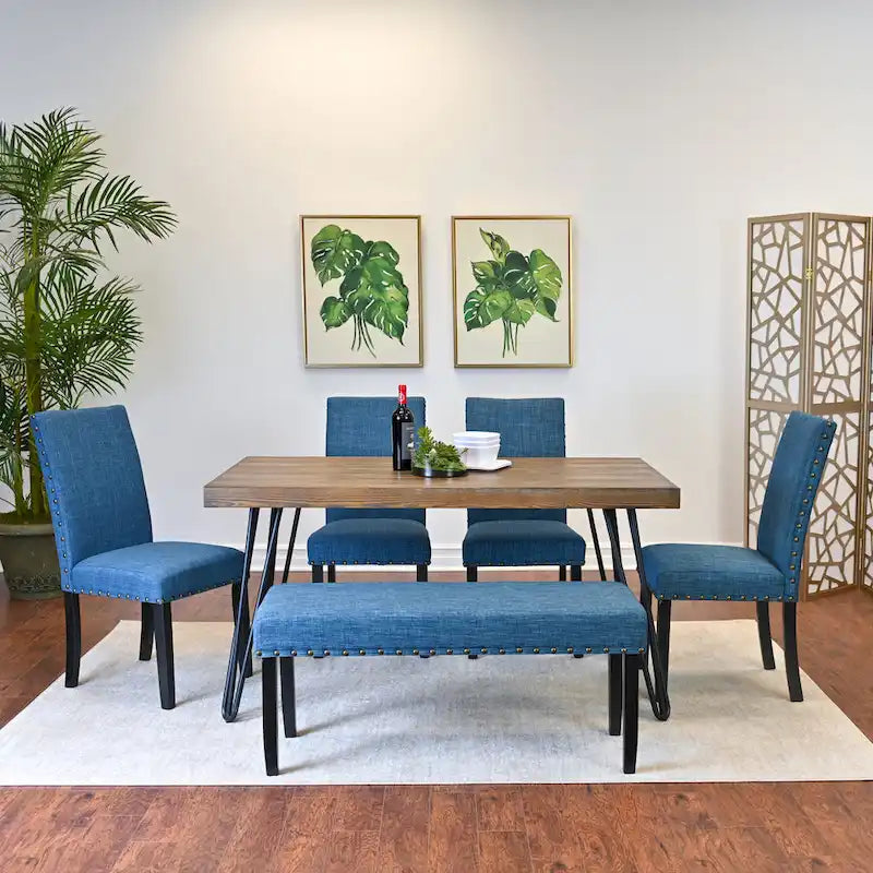 Ensemble de salle à manger industriel 6 pièces avec table rectangulaire, 4 chaises rembourrées en lin et un banc