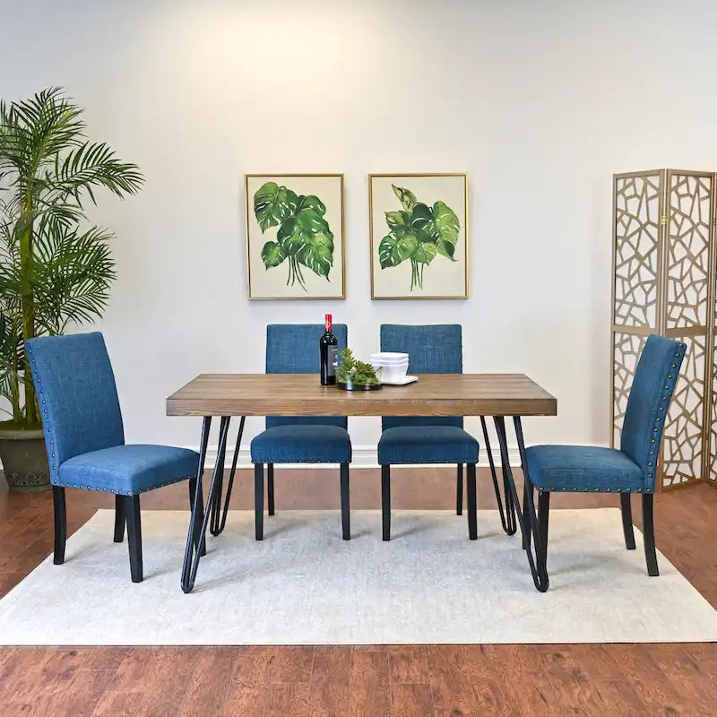 Ensemble de salle à manger industriel 6 pièces avec table rectangulaire, 4 chaises rembourrées en lin et un banc